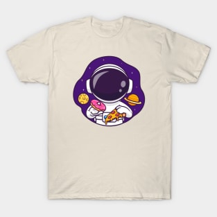 Cute Astronaut Eating Donut And Pizza In Space Cartoon T-Shirt